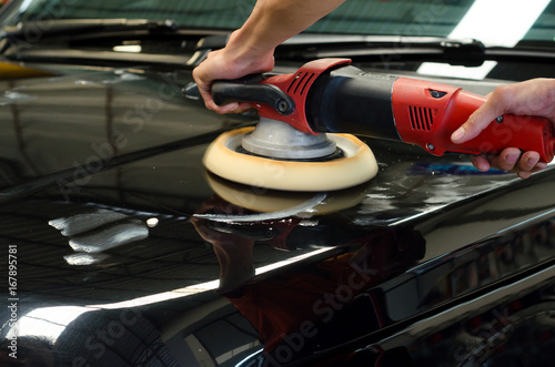 Car Detailing, Polished Black Car By Polishing Machine.