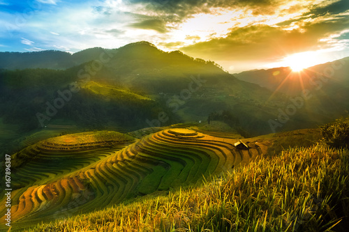 Sunset on rice farmers on the terraces Mucangchai, Vietnam.