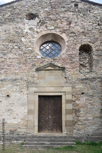 Entrance of the church of Santa Maria de Lillet  in La Poble de Lillet  Bergueda  Barcelona  province   Catalonia  Spain