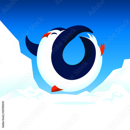 cute penguin jumping and dancing in an iceberg