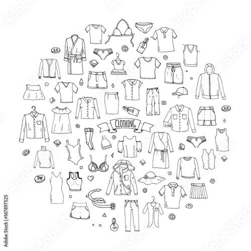Hand drawn doodle Clothing icons set. Vector illustration.Isolated apparel symbols collection. Cartoon cloth elements: Skirt Shirt T-shirt Shorts Dress Hoodie Underware Blouse Pants Socks Hat Cap Top
