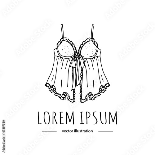 Hand drawn doodle Lingerie icon. Fashion Babydoll feminine vector illustration. Sexy lacy woman underwear symbol collection. Cartoon sketch element: short nightgown, bra, negligee, nightwear 