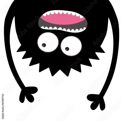 Screaming monster head silhouette. Two eyes, teeth, tongue, hands. Hanging upside down. Black Funny Cute cartoon character. Baby collection. Happy Halloween card. Flat design. White background.