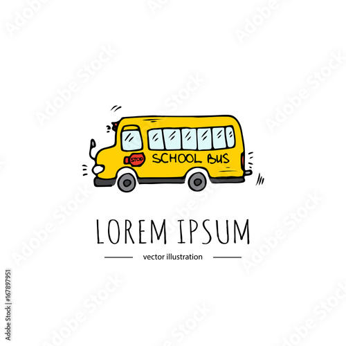 Hand drawn doodle Yellow school bus icon. Vector illustration. Back to school educational symbol Cartoon  learning element Sketch bus Kids riding