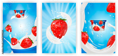 Milk ad or 3d strawberry yogurt flavour promotion set. milk splash with fruits isolated on blue background. instant oatmeal advertising, open field background, 3d illustration