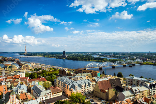 Aerial view of Riga city center with Daugava river, TV tower and the bridge
