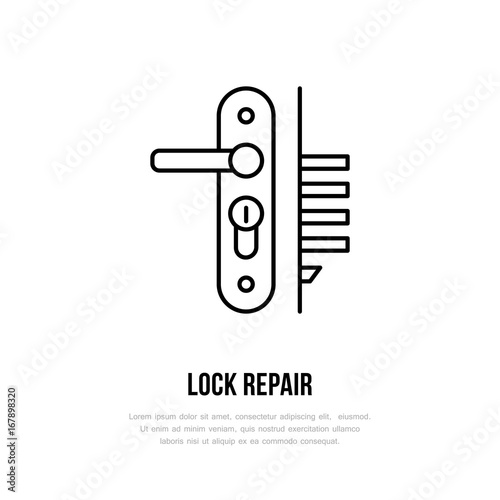 Door locks, handle installation logo, repair flat line icon. Lock cylinder replacement, core fixing thin linear sign for handyman service.