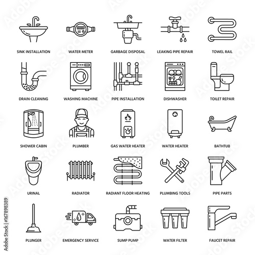 Plumbing service vector flat line icons. House bathroom equipment, faucet, toilet, pipeline, washing machine, dishwasher. Plumber repair illustration, thin linear signs for handyman services.