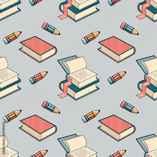 Vector Seamless pattern with book and pencil.