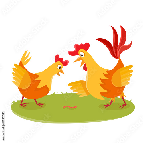 Cartoon rooster and chicken on grass isolated on white. Cartoon  © uiliaaa