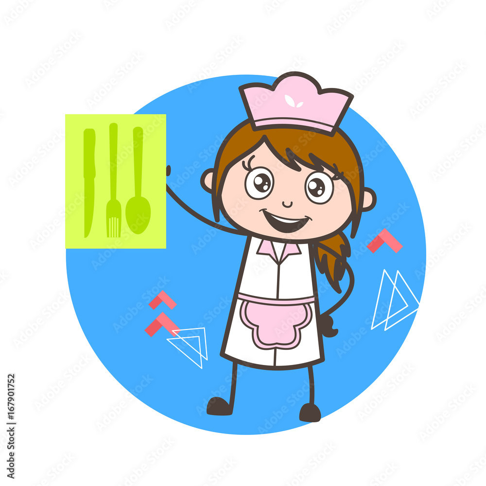 Cartoon Waitress Showing Utensils Poster Vector Cartoon Waitress Showing Utensils Poster Vector