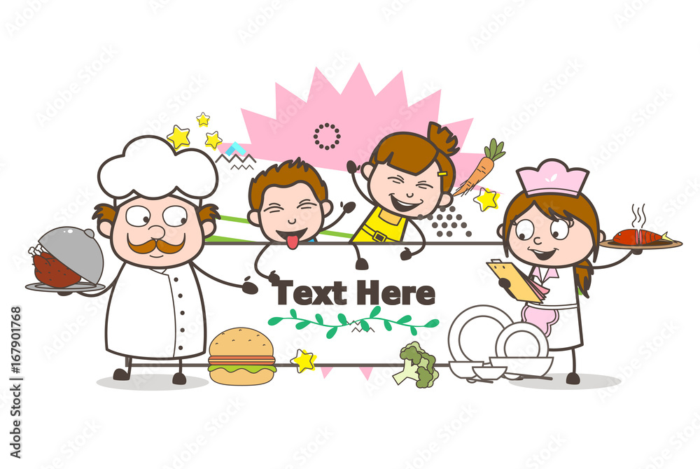 Happy Chef and Waitress with Naughty Kids Celebrating Party Vector Concept Happy Chef and Waitress with Naughty Kids Celebrating Party Vector Concept