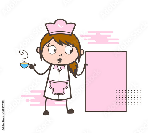 Cartoon Waitress Holding a Hot Tea and Banner Vector