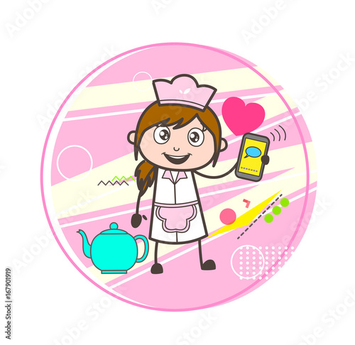 Cartoon Girl Waitress Showing Message in Mobile Vector