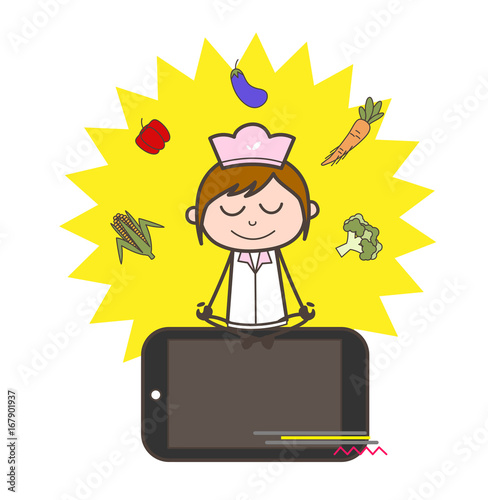 Cartoon Waitress Sitting Over Smartphone and Concentrating on Vegetable Vector