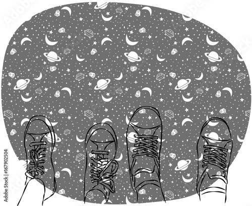 Two pairs of legs in sneakers on space background. Couple of lovers or friends, vector illustration. Greeting card, invitation, save the date