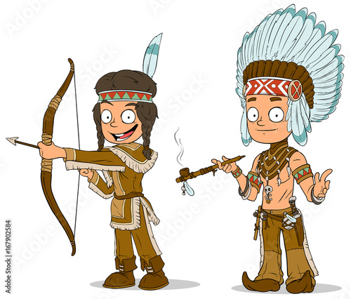 Cartoon indian chief young warrior characters set