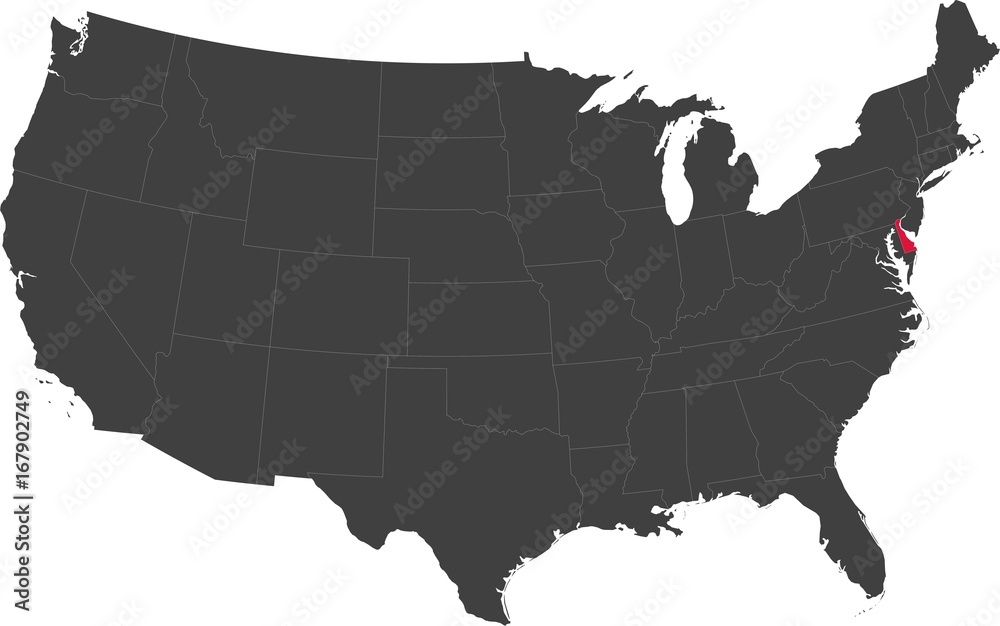 Map of the United States of America split into individual states. Highlighted state of Delaware. Map of the United States of America split into individual states. Highlighted state of Delaware.