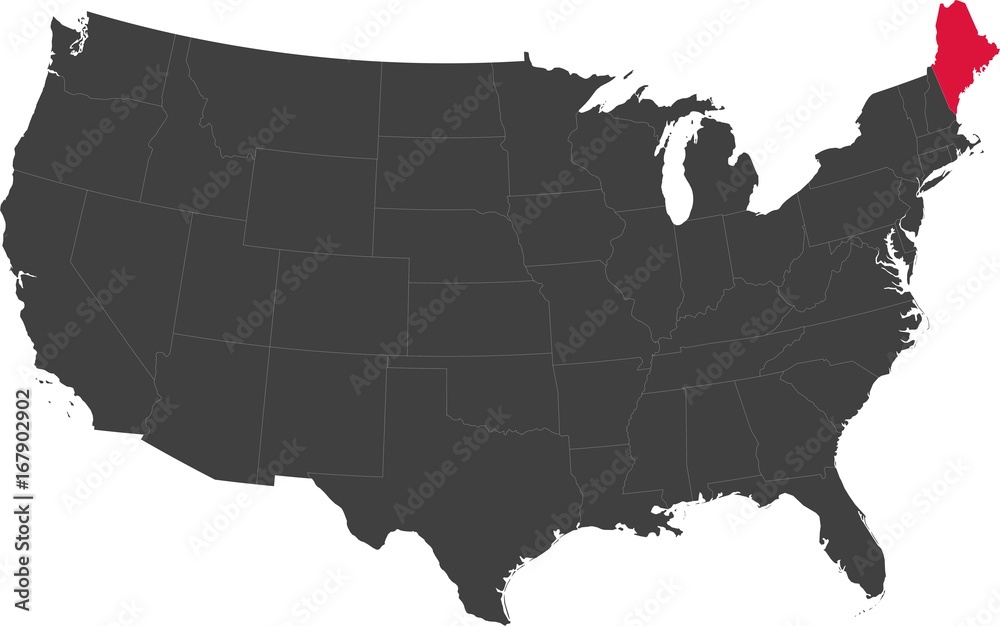 Map of the United States of America split into individual states. Highlighted state of Maine. Map of the United States of America split into individual states. Highlighted state of Maine.