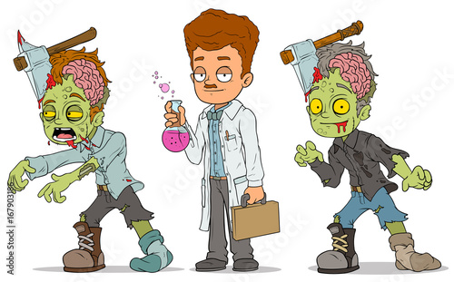 Cartoon walking zombie scientist characters set
