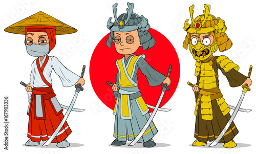 Cartoon ninja samurai with sword characters set