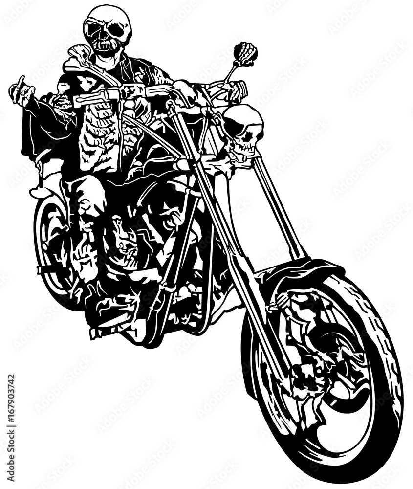 Naklejka premium Skeleton Rider On Chopper - czarno-biały ręcznie rysowane ilustracji, wektor