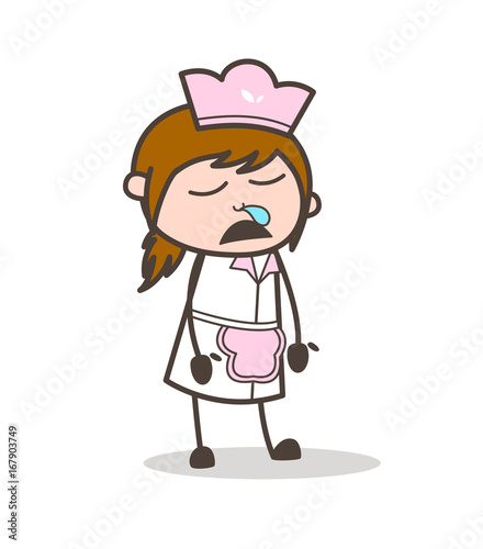 Cartoon Waitress Sleepy Face Vector Illustration