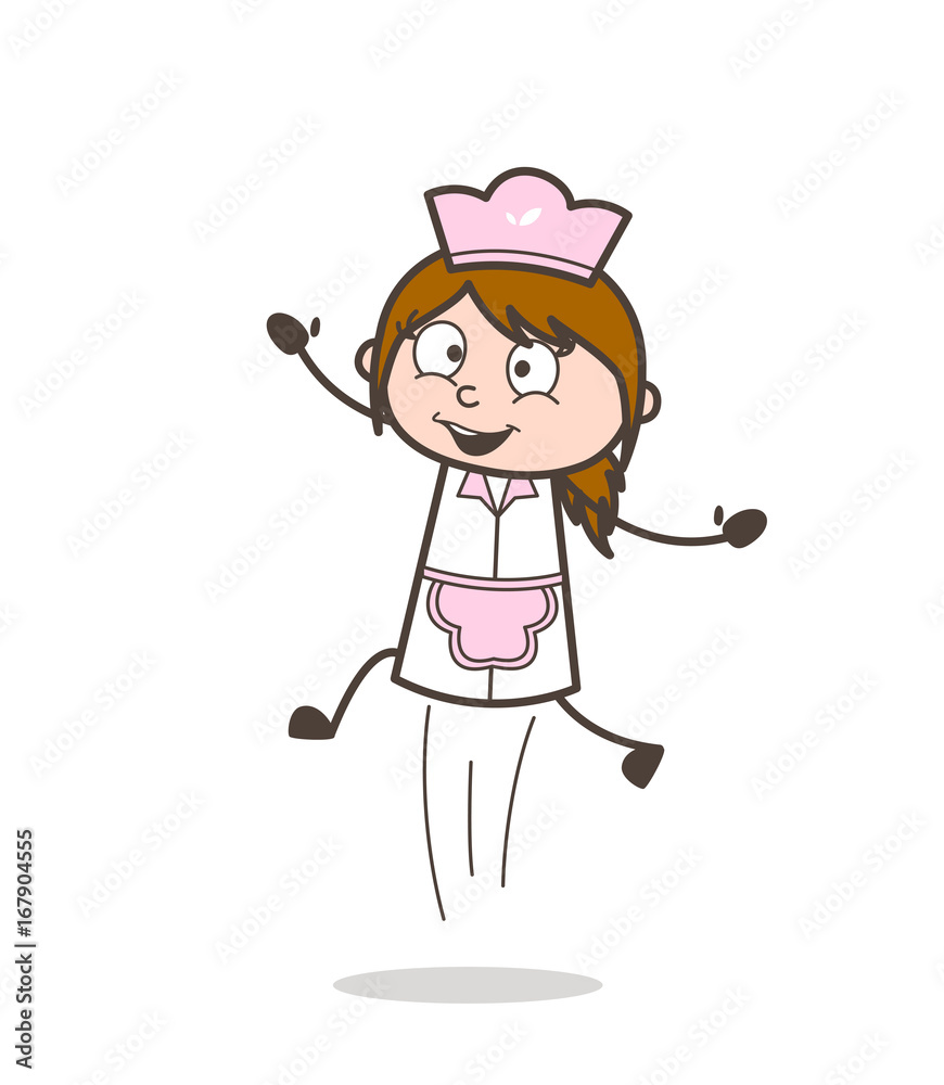 Cartoon Joyful Waitress Jumping in Excitement Vector Illustration