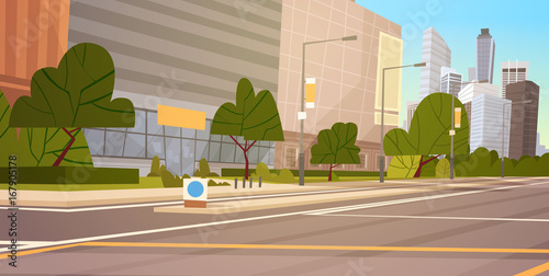 City Street Skyscraper Buildings View Modern Cityscape Empty Downtown Flat Vector Illustration