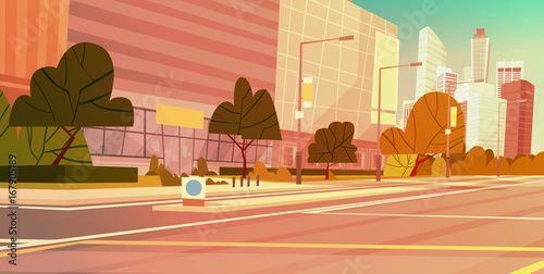 City Street Skyscraper Buildings View Modern Cityscape Empty Downtown Flat Vector Illustration