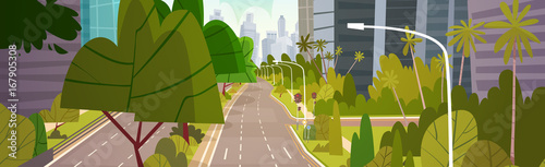 City Street Skyscraper Buildings View Modern Cityscape Empty Downtown Flat Vector Illustration