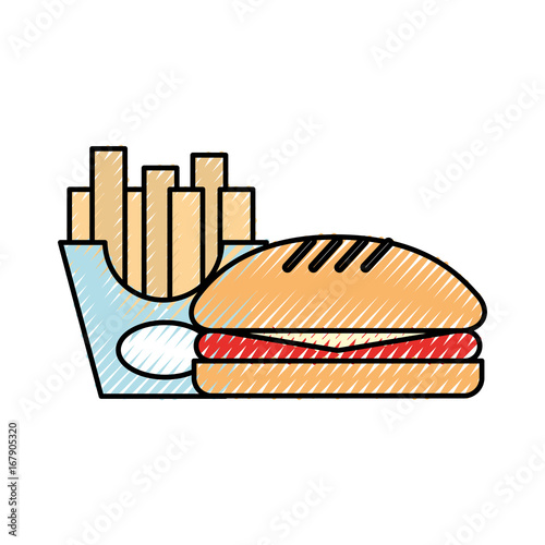delicious burger with french fries vector illustration design