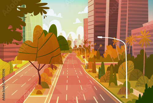 City Street Skyscraper Buildings View Modern Cityscape Empty Downtown Flat Vector Illustration
