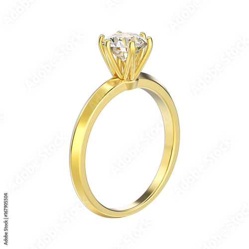 3D illustration isolated yellow gold traditional solitaire engagement diamond ring