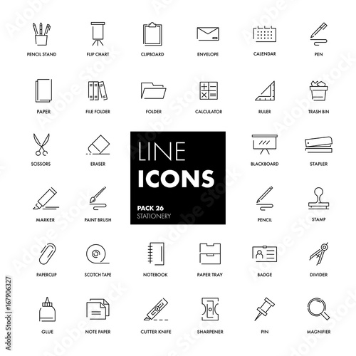 Line icons set. Stationery 