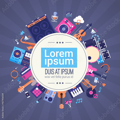 Music Instruments And Equipment Electronics Icons Banner With Copy Space Flat Vector Illustration