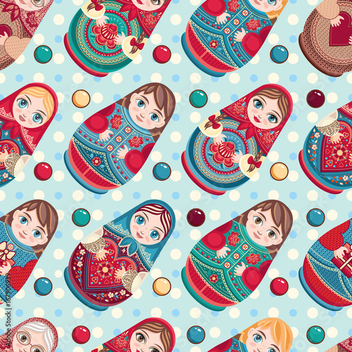 Russian souvenir. Matryoshka - babushka doll. Seamless pattern. Vector