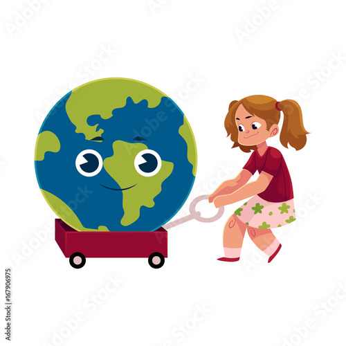 Girl pulling litttle cart with smiling Globe  Earth planet character  cartoon vector illustration isolated on white background. Pretty girl pulling cart  wagon  trolley with cartoon Globe character