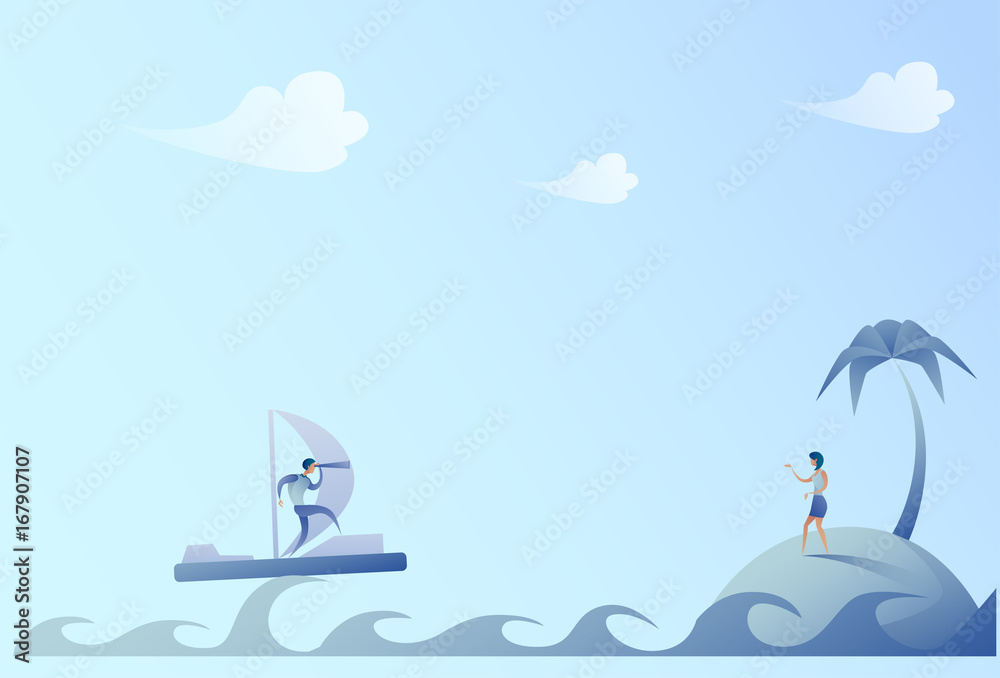 Naklejka premium Business Man Sailing On Boat Looking With Binocular Businesswoman On Island Success Concept Vector Illustration