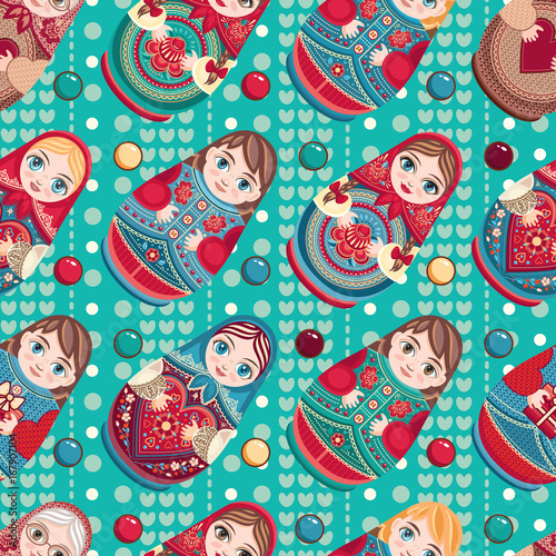 Russian souvenir. Matryoshka - babushka doll. Seamless pattern. Vector