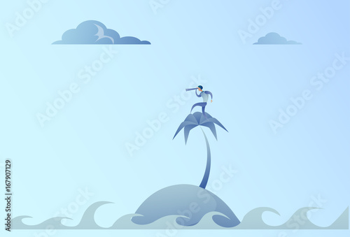 Business Man On Island Looking With Binocular On Future Opportunity Businessman Leader Success Concept Vector Illustration