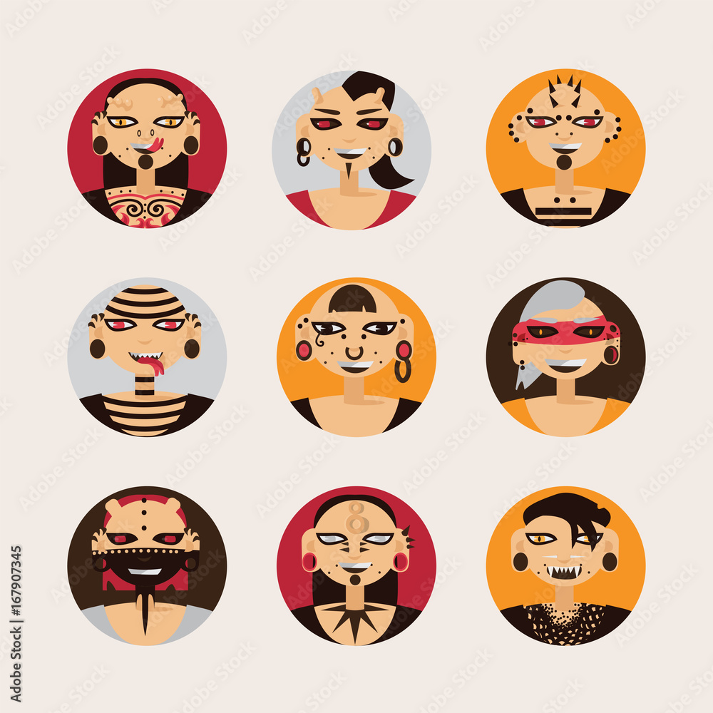 Vector set with male characters, drawn with body modifications, piercing and tattoo in circle shapes. Portraits in various hairstyle and styles of body decoration. Vector set with male characters, drawn with body modifications, piercing and tattoo in circle shapes. Portraits in various hairstyle and styles of body decoration.