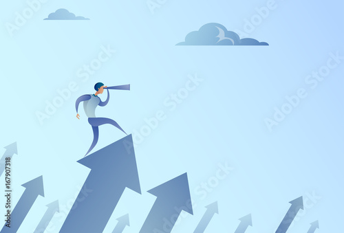 Businessman Looking With Binocular On Financial Arrow