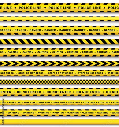 vector yellow black police tape set. Flat cartoon isolated illustration on a white background. Yellow danger tape with black stripes enclosing for forencics, investigators. © sabelskaya
