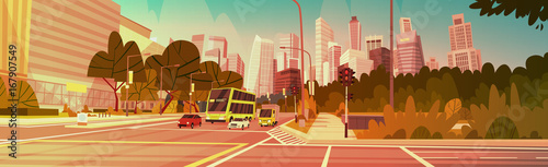 City Street Skyscraper Buildings Road View Modern Cityscape Singapore Downtown Flat Vector Illustration
