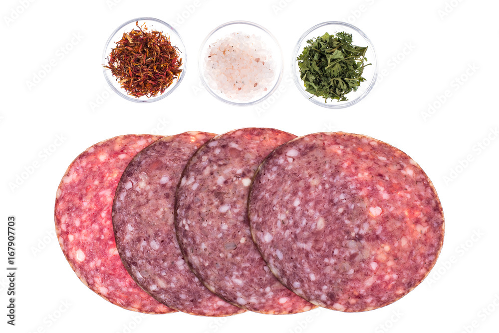Round slices of chopped sausage on white background Round slices of chopped sausage on white background