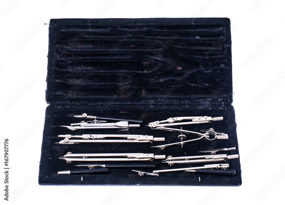 Set of drawing metal compasses in black box Set of drawing metal compasses in black box