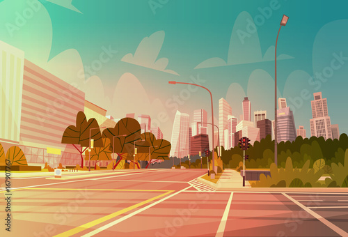 City Street Skyscraper Buildings Road View Modern Cityscape Empty Downtown Flat Vector Illustration