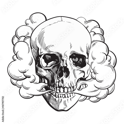 Smoke coming out of fleshless skull, death, mortal habit concept, black and white sketch style vector illustration isolated on background.