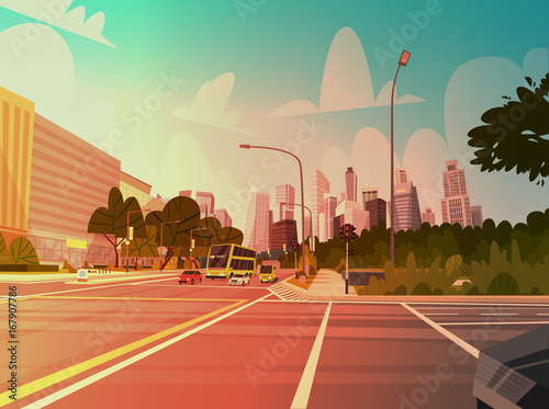 City Street Skyscraper Buildings Road View Modern Cityscape Singapore Downtown Flat Vector Illustration